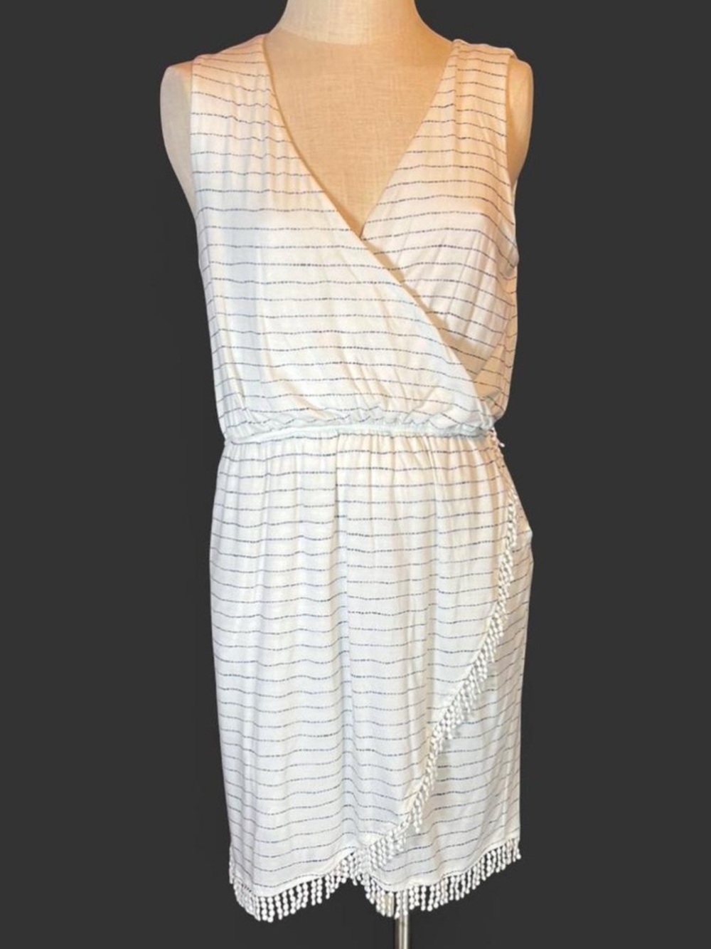 🤍Carve Designs Kendall Boho Mini Dress • Faux Wrap • White Blue Stripes w Fringe - Picture 2 of 5